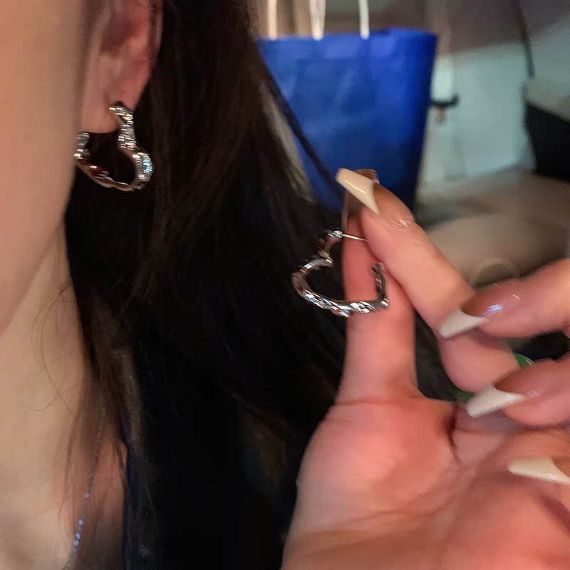 Y2K Korean Fashion Vintage Silver Color Heart Hoop Earrings For Women Egirl Trendy Grunge Aesthetic Jewelry Accessories