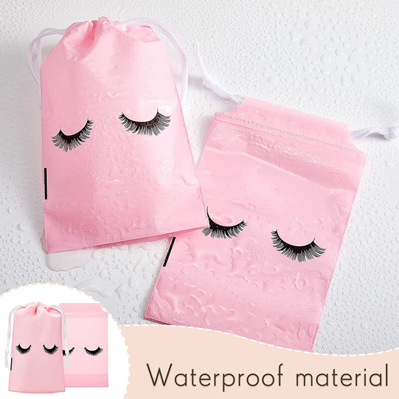 50PCs Pink Eyelash String Bag Makeup Pouch Cosmetic EVA Frosted Printing Packaging Container With Drawstring for Travel