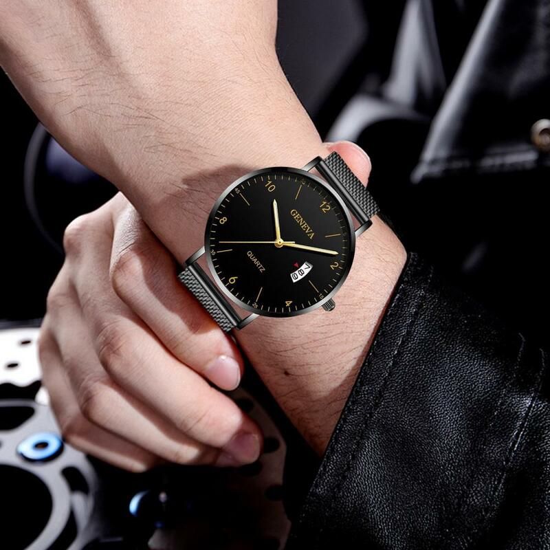 Homens luminosa rodada Dial Quartz Watch, estilo simples, liga, sem atraso, cinta de malha, tempo de leitura, alta precisão, relógio de pulso diário, Namoro