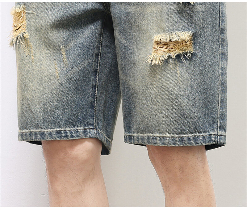 2024 Summer Men's Vintage Denim Shorts Ripped Holes Baggy Straight Casual Short Jeans Fashion Korean Hip Hop Streetwear