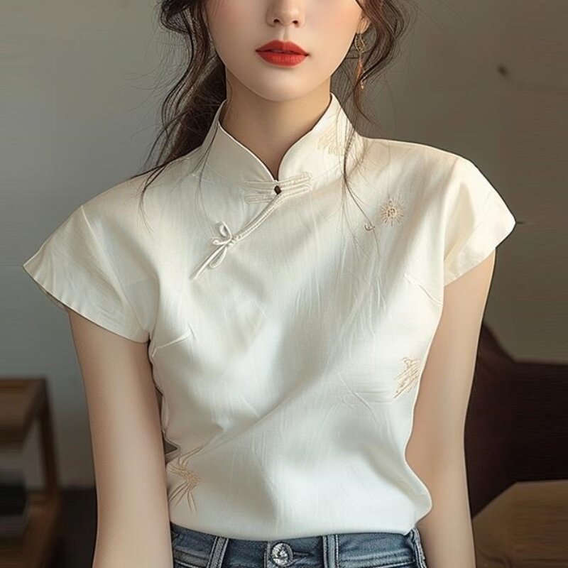여성 타이트한 웨이스트 상의, 중국 스타일 숄더 반팔 티셔츠, 귀엽고 매끈한 소녀 셔츠, 2024 여름 신상