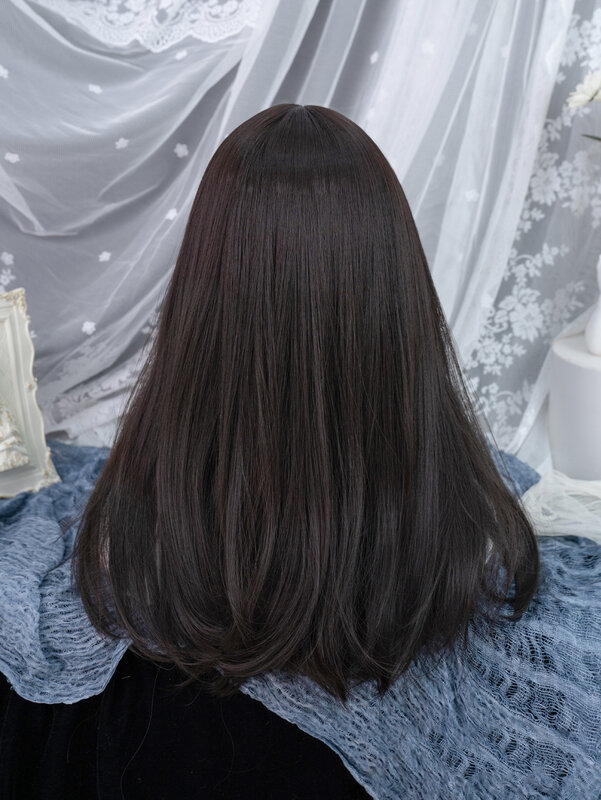 22 Cal czarny kolor Hime Cut peruki syntetyczne z hukiem długi naturalne proste włosy peruka dla kobiet codziennego użytku Cosplay żaroodporna