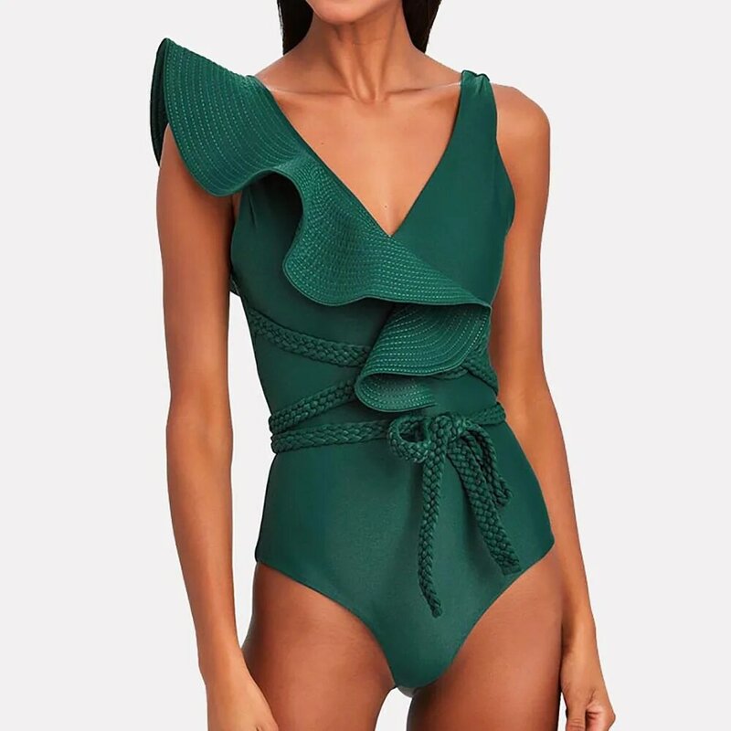 New Plus Size Swimwear Women 2023 Luxury Sexy One Piece Swimsuits Deep-V Micro Bikini Shoulder Solid Ruffled Beach Bathing Suit