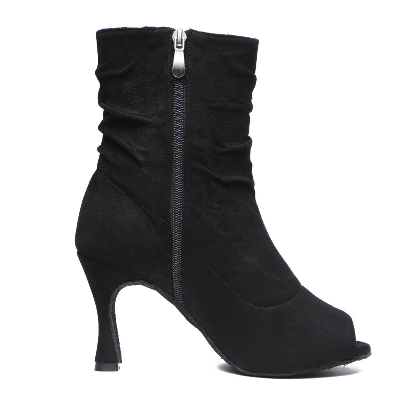 LuoQiao-botas con punta abierta para mujer, zapatos de tacón alto de ante negro, zapatos de baile para fiesta, 2022