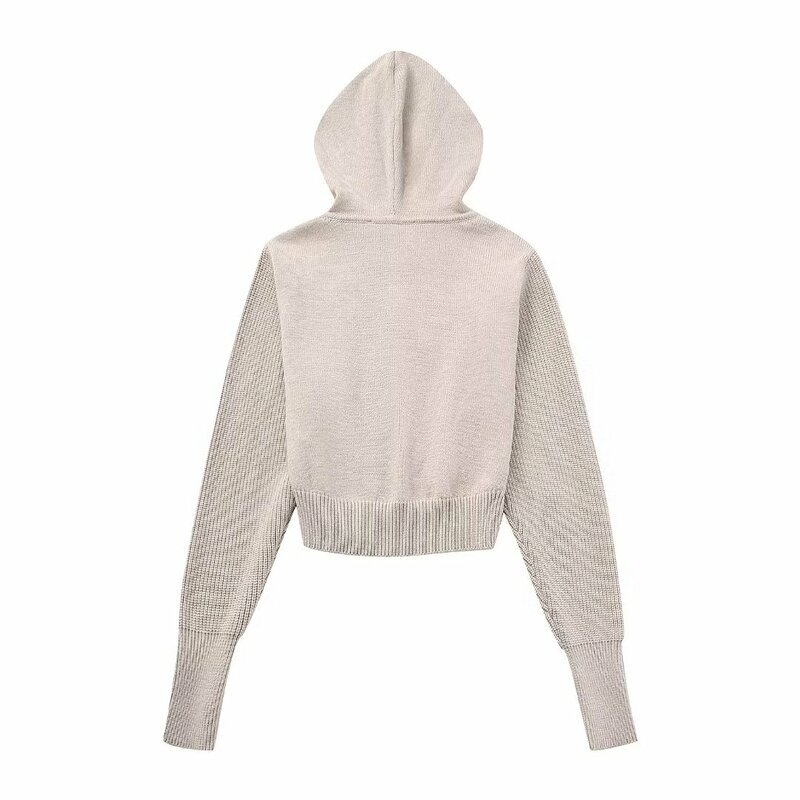 Women Autumn New Fashion Cropped Hooded Elastic slim Knitted Coat Vintage Long Sleeve Zipper Female Outerwear Chic Tops