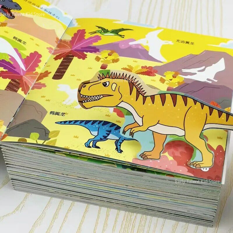 Pegatinas mágicas de dinosaurios para niños, libro de pegatinas de juguete, rompecabezas cognitivo, Educación Temprana, 16 páginas completas, 8 volúmenes