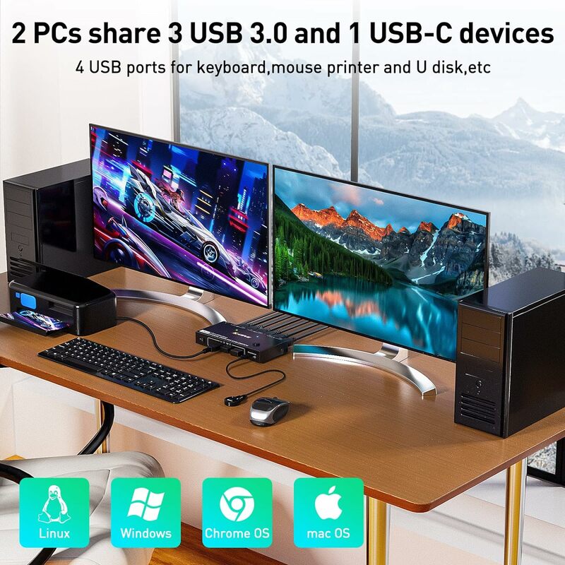 KCEVE-Monitor Dual DP 1,4 KVM Switch 4 K @ 60Hz para 2 ordenadores DP1.4 KVM Switch 2 en 2 Out backknward, Compatible con DP + UBS