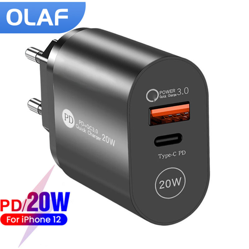 Olaf-USB 타입 C PD 고속 충전기 20W QC PD 3.0 듀얼 포트 휴대용 어댑터, 아이폰 13 12 아이패드 샤오미 고속 전화 충전기