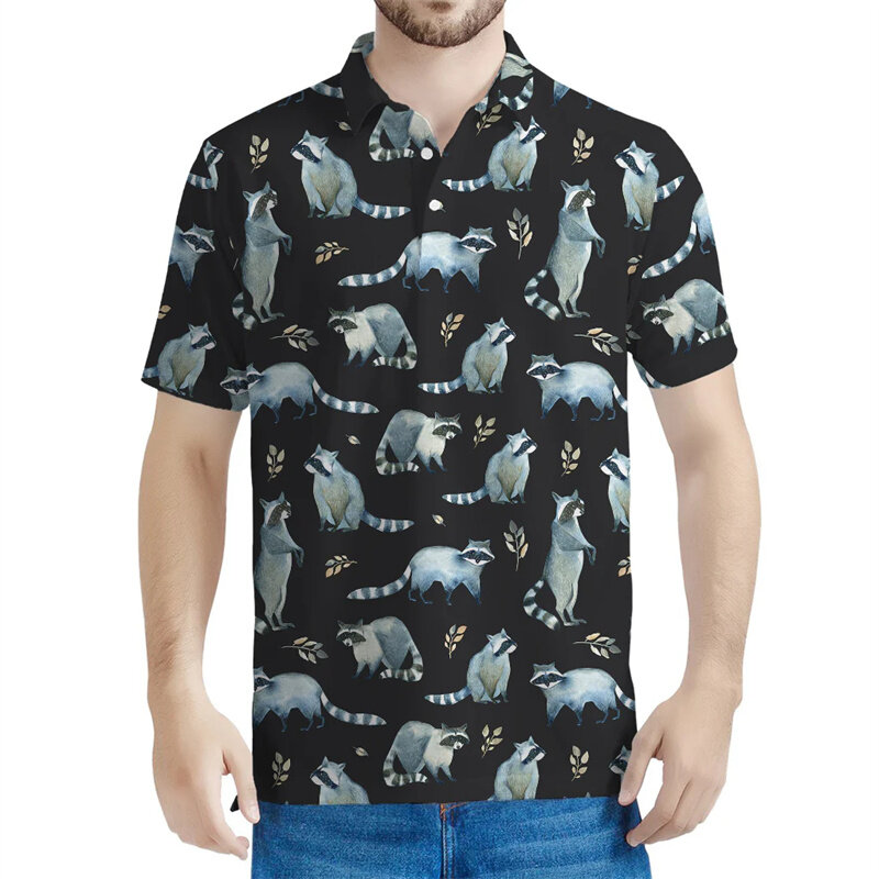 قميص بولو راكون لطيف للرجال ، أكمام قصيرة فضفاضة ، طباعة ثلاثية الأبعاد ، زر الحيوانات ، قمم الأطفال ، قميص طية صدر كاجوال صيفي