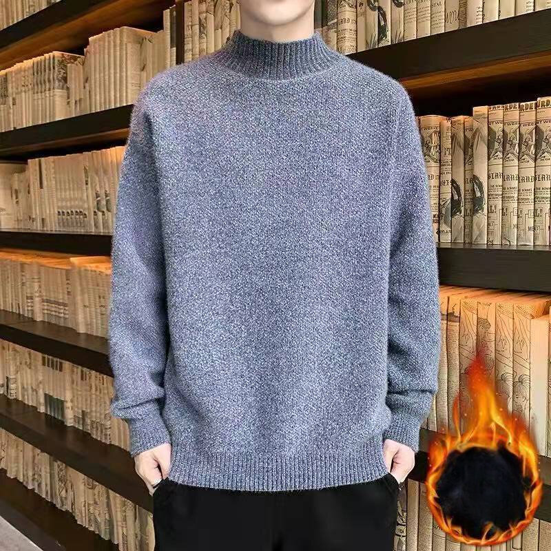 Pullover sweter kasmir leher palsu pria, pakaian pria tebal warna polos lengan panjang rajut A99 musim dingin