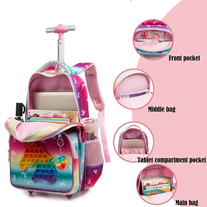 점심 가방과 학교 트롤리 가방 학교 롤링 배낭 세트 여자를위한 바퀴 달린 배낭 어린이 3pcs Schoolbag 바퀴와 함께 설정