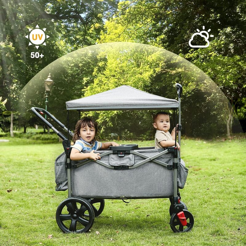 EVER ADVANCED Foldable Wagons for Two Kids & Cargo, Collapsible Folding Stroller with Adjustable Handle Bar,Removable Canopy