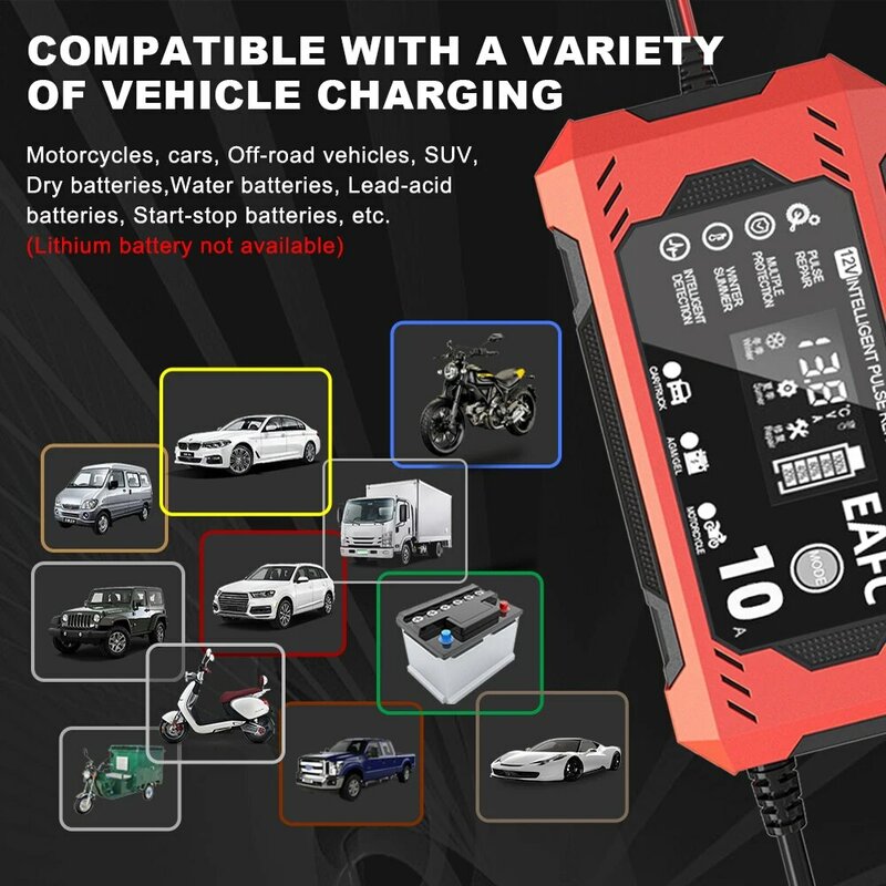Chargeur de batterie de voiture avec écran tactile, réparation d'impulsions, affichage LCD numérique, chargeur rapide intelligent pour voiture, moto, 12V, 8A, 10A