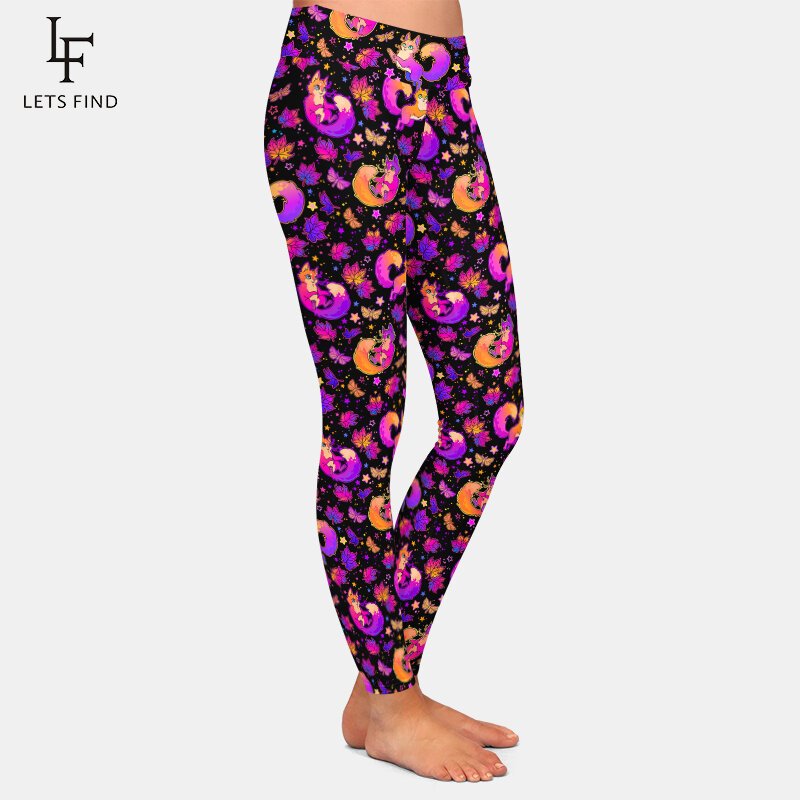LETSFIND Fashion Women High Waist Pants 3D Cute Fluffy Cats and Autumn Leaves Printing Fitness Elastic Woman's Full Leggings