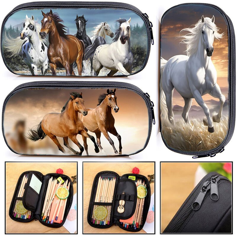 Multifunções Running Horse Cosmetic Cases, saco de lápis para crianças, caixa estacionária escolar para menino e menina, material escolar