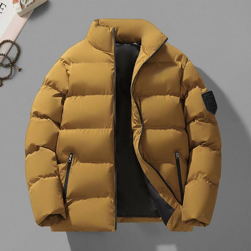 Zipper Closure Cotton Coat Windproof Men's Winter Cotton Coat with Thick Padding Stand Collar Neck Protection Zipper for Cold