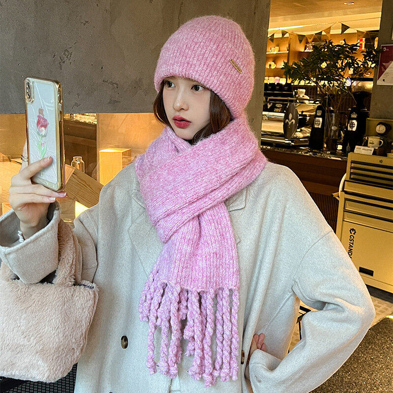 Autumn and winter dopamine knitted tassel scarf women's all-white solid color bib set hat warm thick shawl