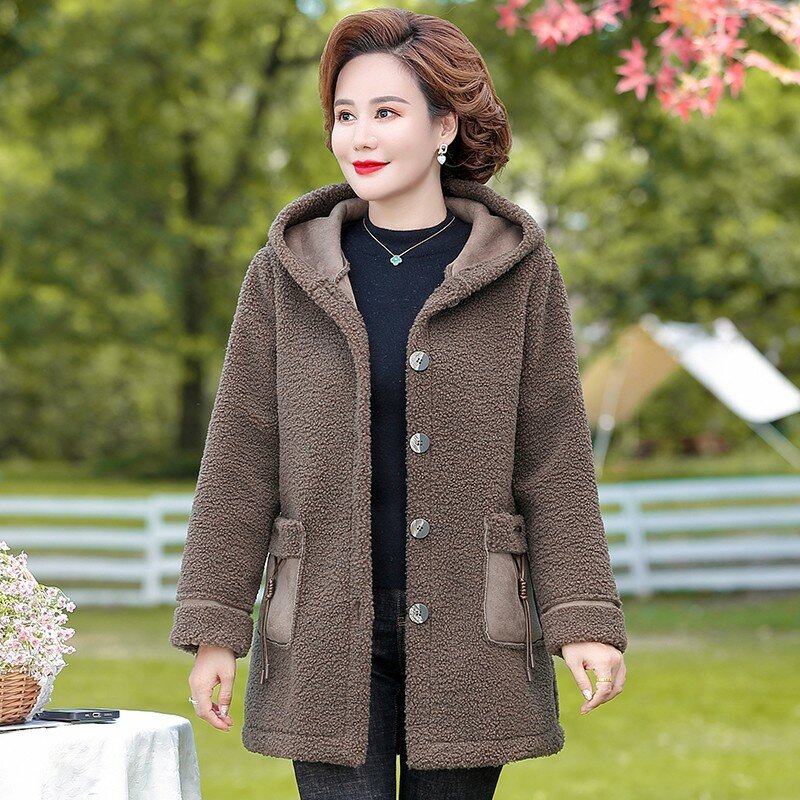 女性のためのフード付きベルベットコート,ゆったりとしたコート,暖かく,中年女性のグレイン,女性のジャケット,冬の服