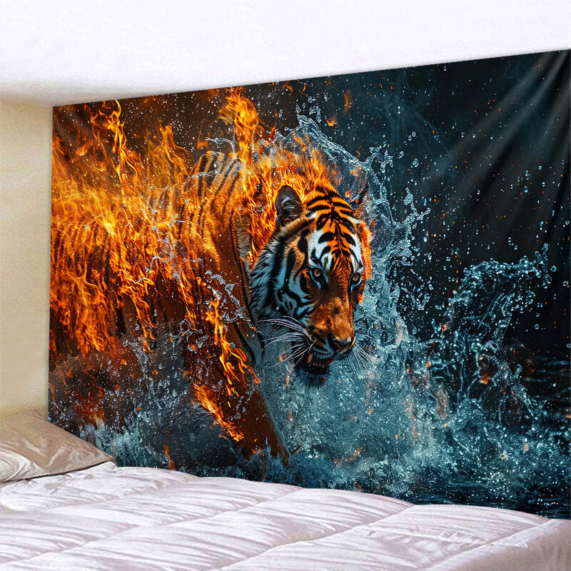 Gobelin z grafiką tygrysa, zwierzęca ilustracja ścienna wisząca tkanina, dekoracja ścienna domu tkanina w tle sypialnia w akademiku salon sypialnia
