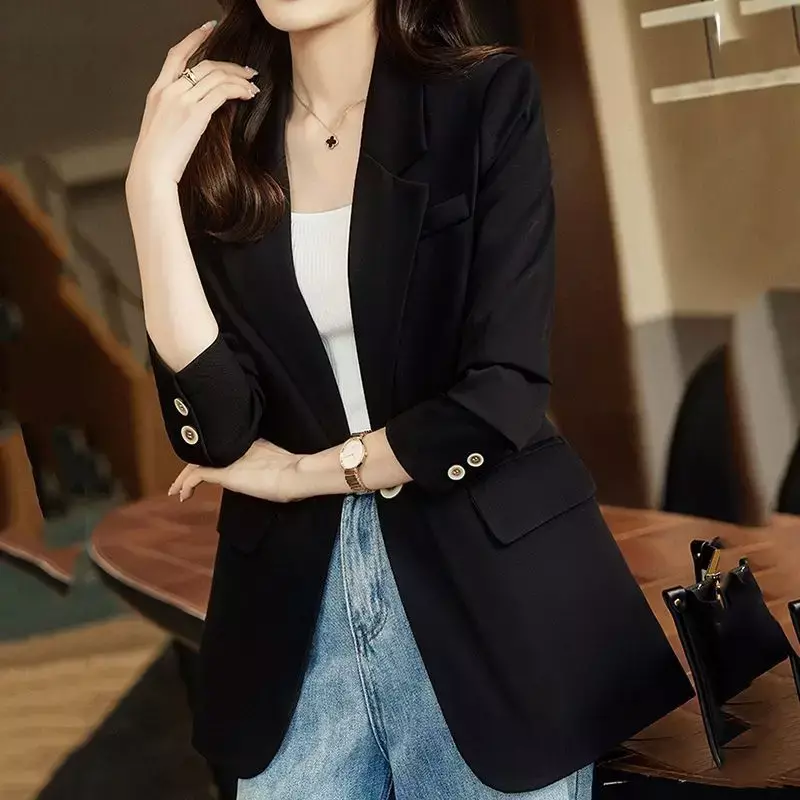 เสื้อสูทสีดำแขนยาวสไตล์เกาหลีสำหรับผู้หญิง, เสื้อสูททำงานเสื้อเบลเซอร์เข้ารูปสำหรับฤดูใบไม้ร่วง