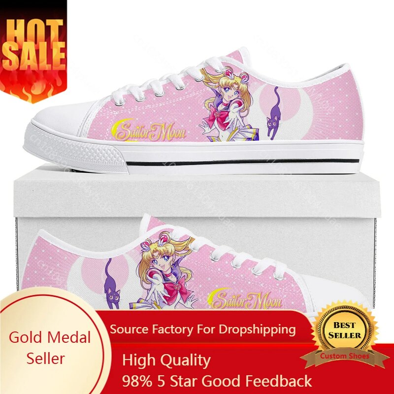 Anime Moon Manga Cartoon Sailor Low Sneakers para homens e mulheres, qualidade superior baixa, tênis de lona adolescente, sapatos personalizados para casais