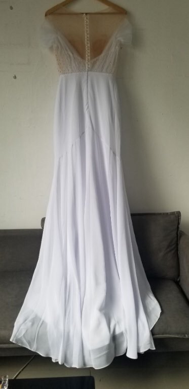 Vestido de Noiva Chiffon Sereia, Fora do vestido de ombro, Scoop Neck, Lace Sweep Train, Praia Padrão, 2022