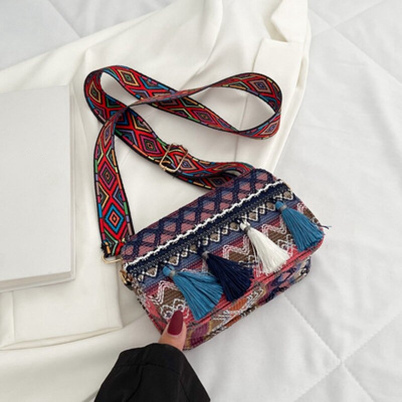Bolsa mensageiro de um ombro estampada listrada para mulheres, bolsa de borla feminina, mini bolsa com zíper, moda étnica