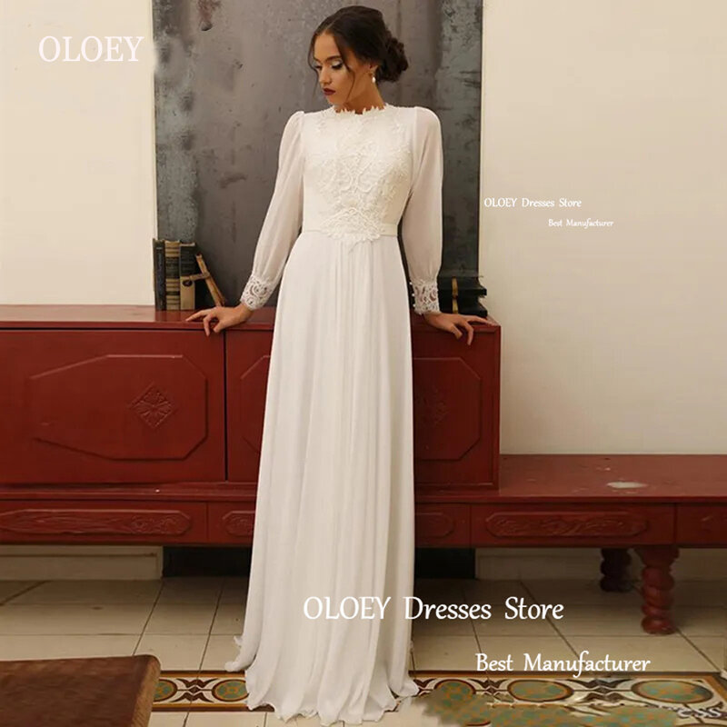OLOEY Vintage skromne suknie ślubne z szyfonu w kolorze kości słoniowej z okrągłym dekoltem z długim rękawem klasyczne suknie ślubne w stylu Country Plus Size