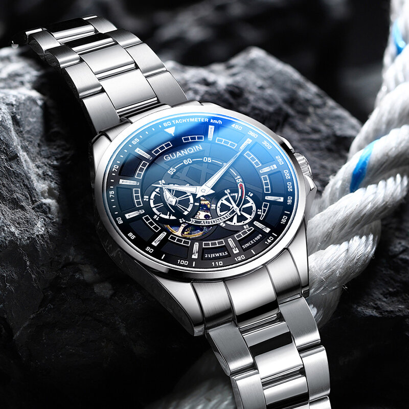 GUANQIN-Relógio automático masculino em aço inoxidável, relógio de pulso mecânico masculino, relógio luminoso, moda de luxo, novo, 2024