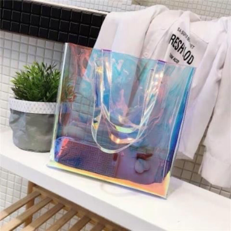 New PVC Large Capacity Transparent Bag Laser Student Single Shoulder Jelly Bag Outdoor Swimming Fitness Shopping Portable Bag