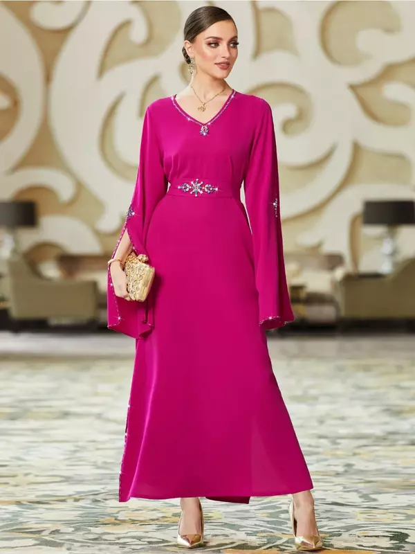 Eid Muslim Party Dress for Women Abaya Diamond Robe Dress Arab Women Ramadan Abayas Caftan Kaftan Vestidos Split Sleeve 2023