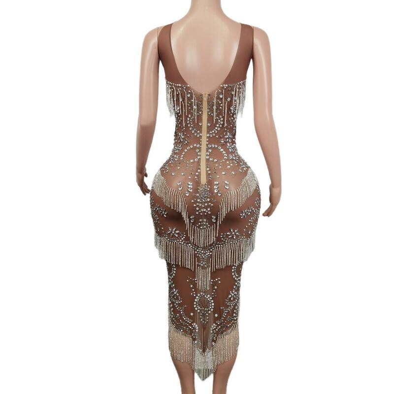 Женское блестящее танцевальное платье, привлекательное Сетчатое прозрачное трико с кристаллами, танцевальное сценическое платье для певицы, платье для ночного клуба