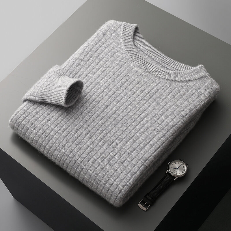 Jesienno-zimowy męski 100% wełniany sweter kaszmirowy w kratę gruby pulower koszula plus size długa koszula na co dzień