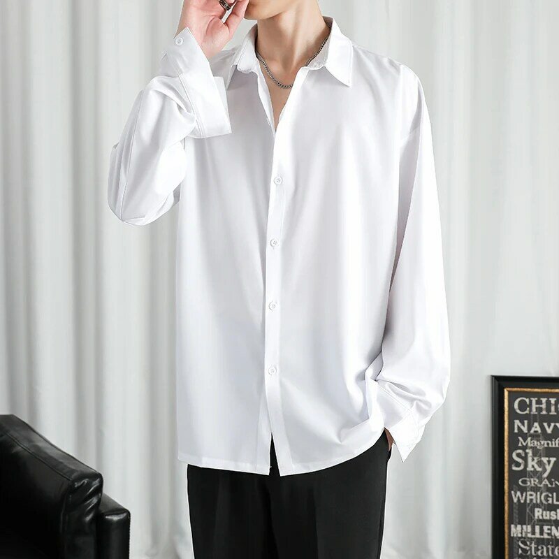 Camisa de manga larga sólida para hombre, camisas de moda coreana, blusas cómodas, informales, sueltas, clásicas, camisa de botonadura única