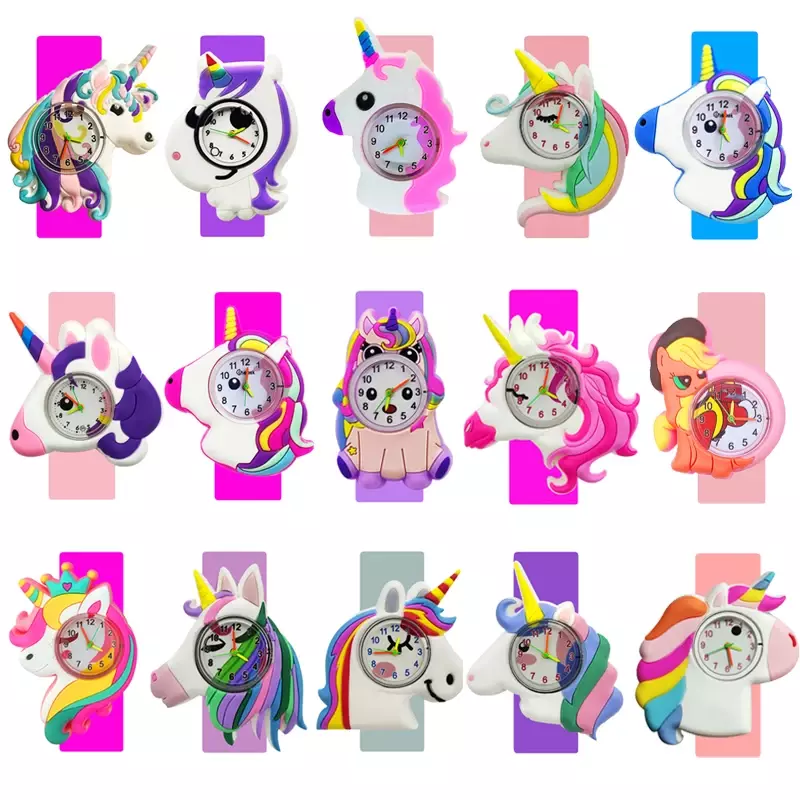 Cartoon Unicorn Pony Relógios para Crianças, Presente de aniversário para meninos e meninas, Crianças Puzzle, Learn Time Toy, Toy Clock, Slap Bracelet, Baby Watch