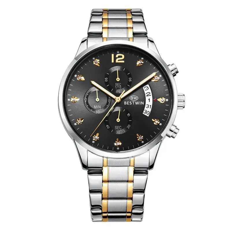 Nowy męski zegarek rekreacyjny Geneva modny trzy oczy wojskowy zegarek kwarcowy ze stali nierdzewnej wodoodporny zegarek na rękę