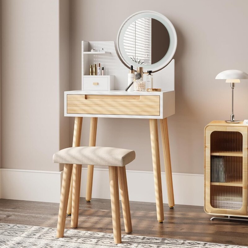 조절 가능한 조명 거울 및 보관 선반, 작은 화장대 테이블, 침실용 서랍이 있는 흰색, 24 인치 메이크업 드레서