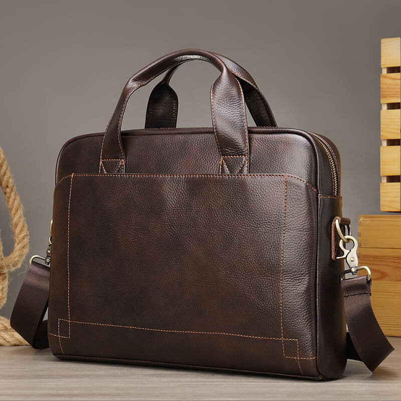 Soft Men's Business Briefcase Genuine Leather 14" Laptop Handbag Male A4 Document Shoulder Message Computer Bag Work Tote