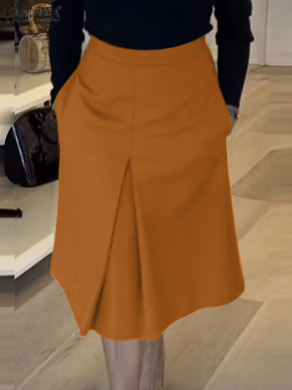 Zanzea-女性用ロングプリーツスカート、ハイウエスト、無地、ポケット付き、膝丈、カジュアル、エレガント、サマーファッション、2024