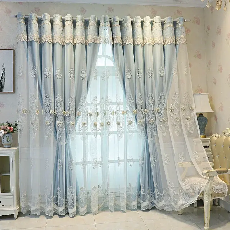 New Blue Jacquard Double Layer Embroidery Curtains Yarn Shading Curtains for Living Room Bedroom Balcony Customized Products