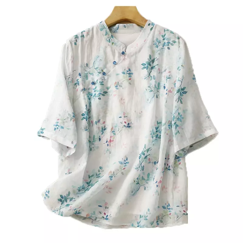 Kemeja wanita Vintage musim panas dicetak gaya Cina blus longgar lengan pendek Atasan wanita pakaian katun Linen YCMYUNYAN