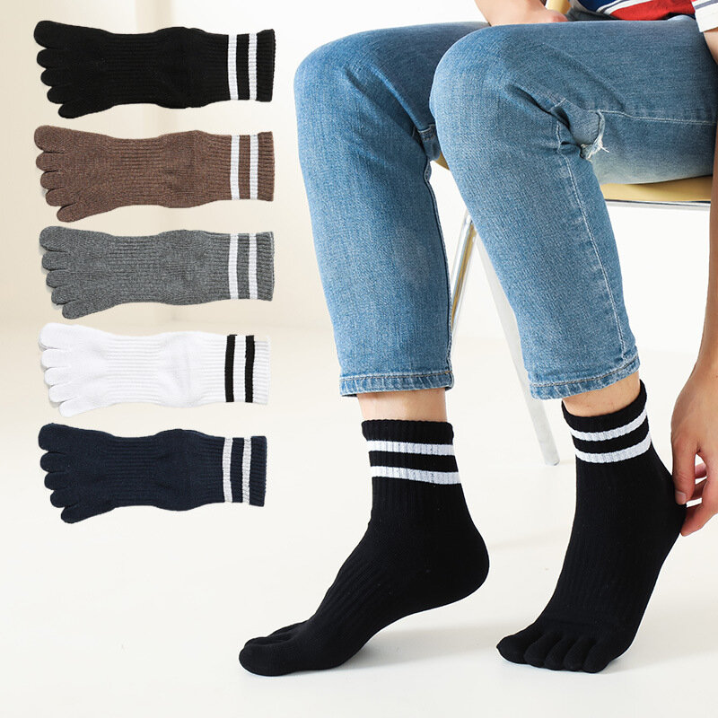 Chaussettes de sport Parker rayées pour hommes, optique de compression, pur coton, simple, solide, doux, élastique, chaussettes courtes à 5 doigts, quatre saisons, 5 paires
