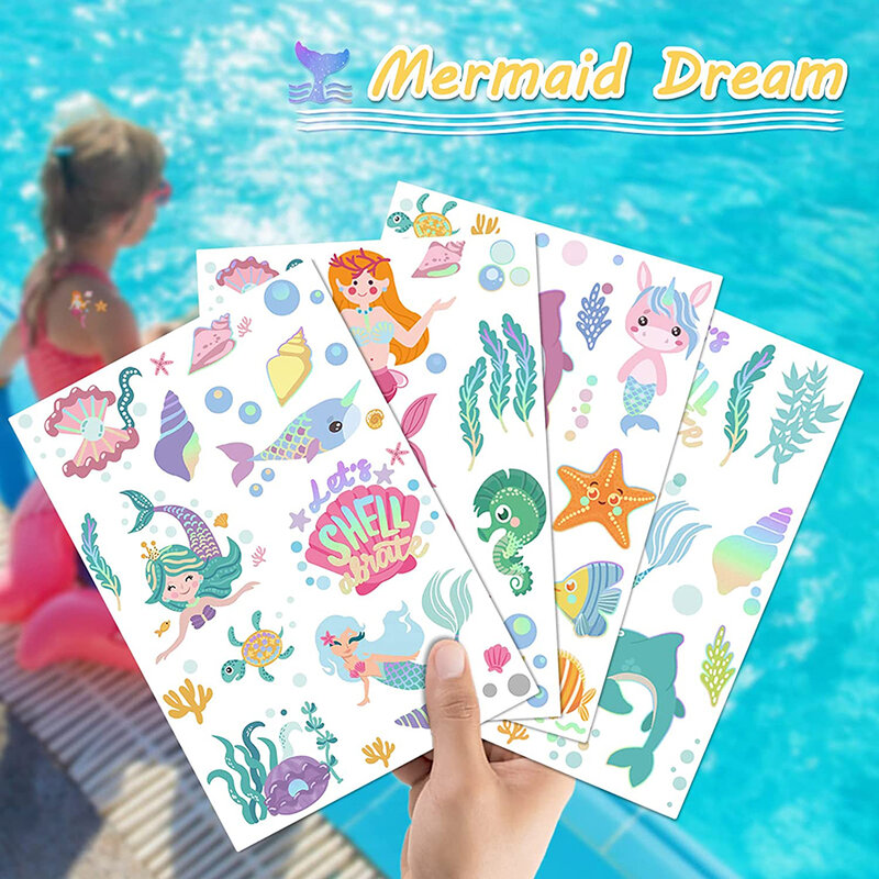 Little Mermaid Tattoo Stickers bambini Cute Cartoon Mermaid Princess Birthday Party Decor for Kids Face Arm Body Makeup Favors
