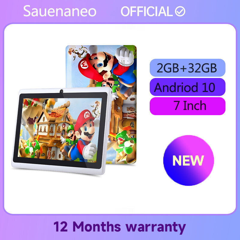 Sauenaneo 와이파이 어린이용 저렴한 태블릿, 학습 교육용 옥타코어, 구글 플레이, 어린이 선물, 6000mAh, 2GB RAM, 32GB ROM, 7 인치