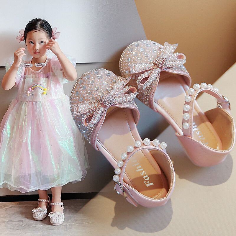 Chinelo de cristal feminino, sapatos de princesa infantil, sapatos de couro infantil, bege, rosa, festa de casamento, primavera, verão, 2-10