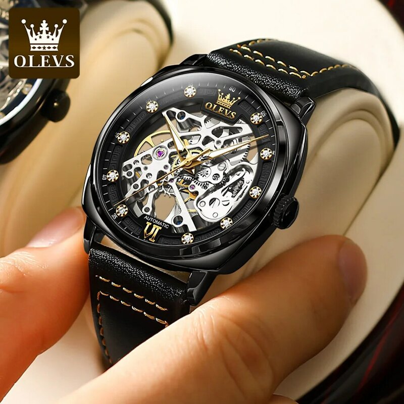 OLEVS bBrand-Reloj de pulsera para hombre, accesorio Original, mecánico, automático, tipo barril, Punk, correa de cuero, resistente al agua, luminoso
