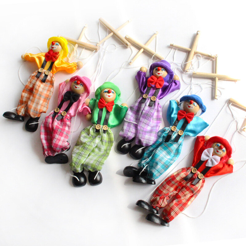 Marioneta de cuerda de tracción colorida divertida para niños, payaso, marionetas de madera, juguete artesanal, muñeca de actividad conjunta, regalos para niños