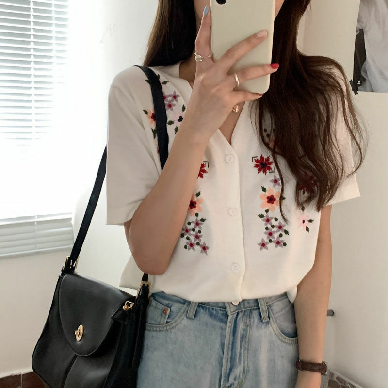 Cardigan d'été à manches courtes et col en V floral pour femmes, simple boutonnage, style coréen bohème, vêtements Harajuku, t-shirt chic et élégant
