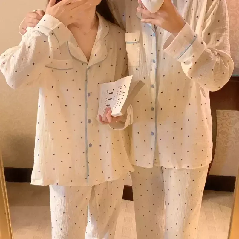Women Pajama Couple Long Clothes Set Winter Sleeve Polka for Gauze Cotton Comfortable Home Sleepwear Autumn Soft Dot