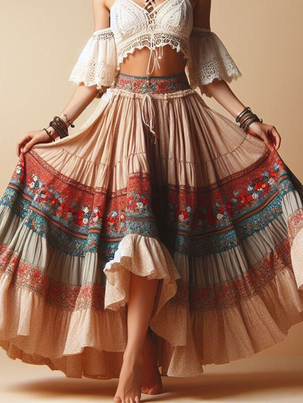Falda Bohemia con estampado Floral para mujer, vestido con dobladillo con volantes y cintura elástica, falda larga Irregular a la moda, vestido de verano para vacaciones y playa